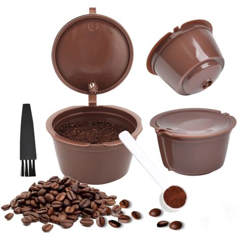 3PCS Filtres à Café Non Jetables, Réutilisables Capsules Rechargeables à Cafe, Compatibles avec Machines Nescafe Dolce Gusto avec 1 Cuillère à Café et 1 Brosse à Nettoyer -Marron