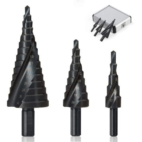 3Pcs Foret Étagé 4-12/20/32mm, Foret Fraise Meche Etage, HSS Inox Metal, Triangle Conique Titane, avec Tige Hexagone, pour Visseuse Percage sur Acier, Laiton, Bois, Plastique
