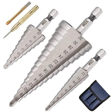 3PCS Foret Étagé Métal, 4-12/20/32mm Fraise Etage Metal Triangle Conique Titane HSS, Tige Hexagone pour Acier, Bois, Laiton, Aluminium, PVC, Poinçon Central et Foret de Torsion Inclus