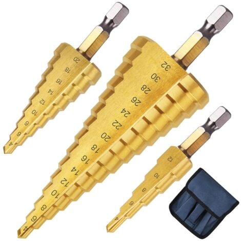 OSQI 3PCS Foret Étagé Métal, 4-12/20/32mm Fraise Etage Metal Triangle Conique Titane, Meche Etage Tige à Hexagone pour Visseuse sur Métal Acier, Bois, Laiton, Aluminium, Plastique