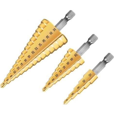 3PCS Foret Étagé Métal, 4-12/20/32mm Fraise Etage Metal Triangle Conique Titane, Meche Etage Tige à Hexagone pour Visseuse sur Métal Acier, Bois, Laiton, Aluminium, Plastique