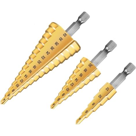 3PCS Foret Étagé Métal, 4-12/20/32mm Fraise Etage Metal Triangle Conique Titane, Meche Etage Tige à Hexagone pour Visseuse sur Métal Acier, Bois, Laiton, Aluminium, Plastique
