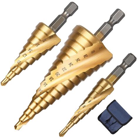 3PCS Foret Étagé Rainuré en Spirale, 4-12/20/32mm Fraise Meche Etage Metal Acier Rapide Revêtu de Titane HSS pour Percer dans Acier, Laiton, Bois