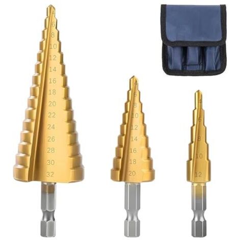 3PCS Foret Fraise Meche Etage, Etagé HSS en Titane, Triangle Conique, avec Tige Hexagone pour Visseuse Percage sur Acier, Laiton, Bois, Plastique, 4-12/20/32mm -