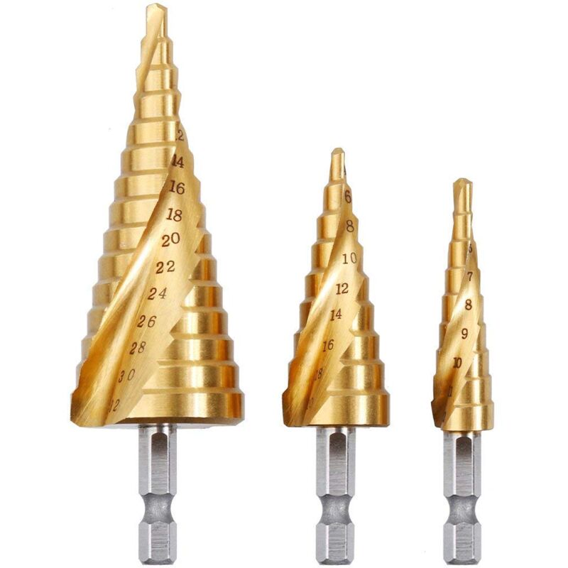 3PCS Foret Fraise Meche Etage, HSS Inox Metal, 4-12/20/32mm, Triangle Conique Titane, avec Tige Hexagone, Pour Visseuse Percage sur Acier, Laiton,