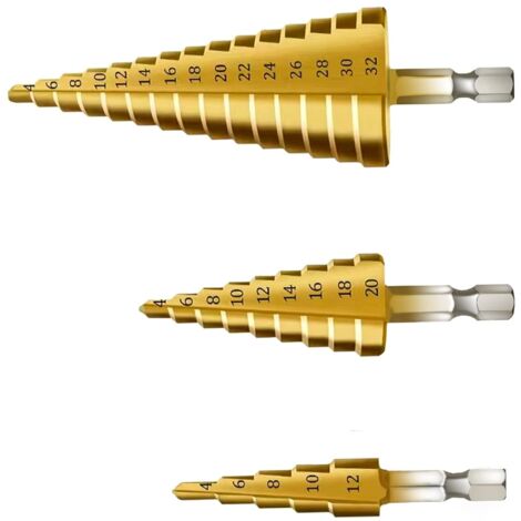 3PCS Foret Fraise Meche Etage, Triangle Conique Titane Foret Fraise, 4-12/20/32 mm, HSS Inox Metal, Pour Visseuse Percage sur Acier, Laiton, Bois, Plastique