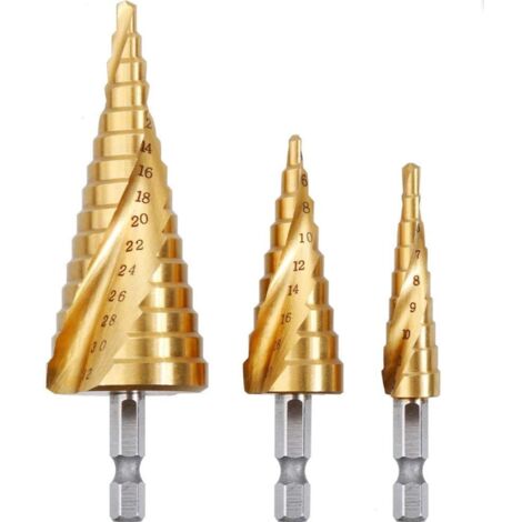 3PCS Foret Fraise Meche Etage,HSS Inox Metal,4-12/20/32mm,Triangle Conique Titane,avec Tige Hexagone,Pour Visseuse sur Acier,Laiton,Bois,Plastique