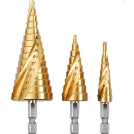 3PCS Foret Fraise Meche Etage,HSS Inox Metal,4-12/20/32mm,Triangle Conique Titane,avec Tige Hexagone,Pour Visseuse sur Acier,Laiton,Bois,Plastique