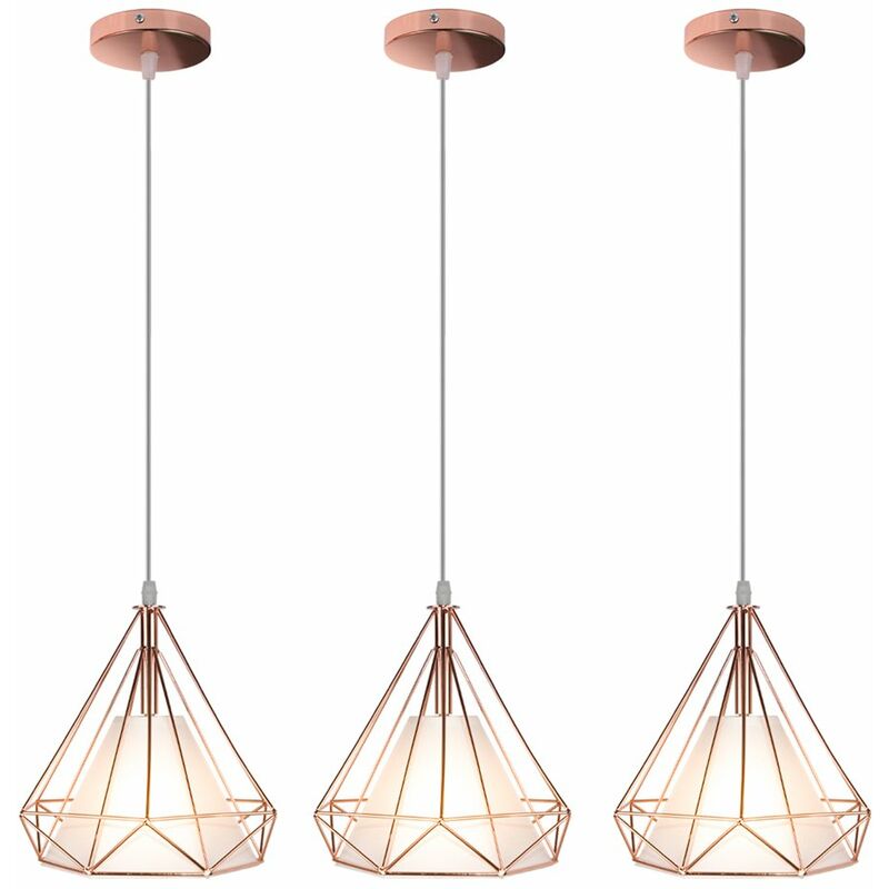 3PCS Hanging Lamp,Modern Pendant Light Contemporary Hanging Light Iron Metal Pendant Lamp Diamond Shape Ceiling Light E27 25CM Rose Gold