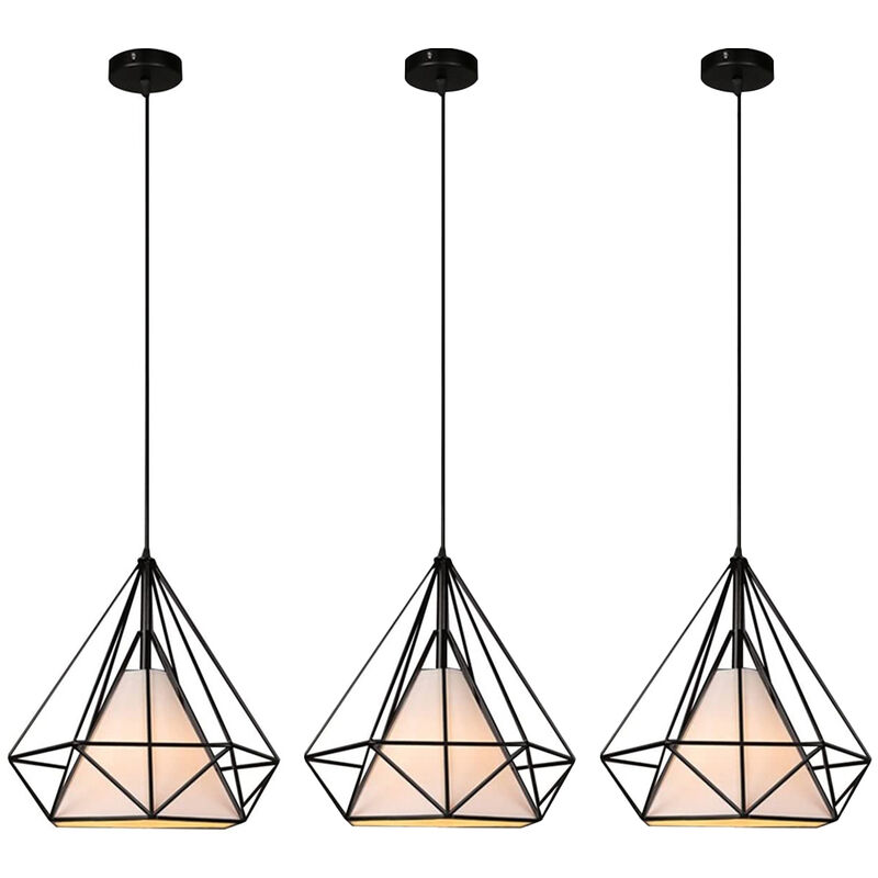 3PCS Hanging Lamp,Retro Pendant Light Vintage Hanging Light Metal Iron Pendant Lamp Diamond Shape Ceiling Light E27 25CM Black