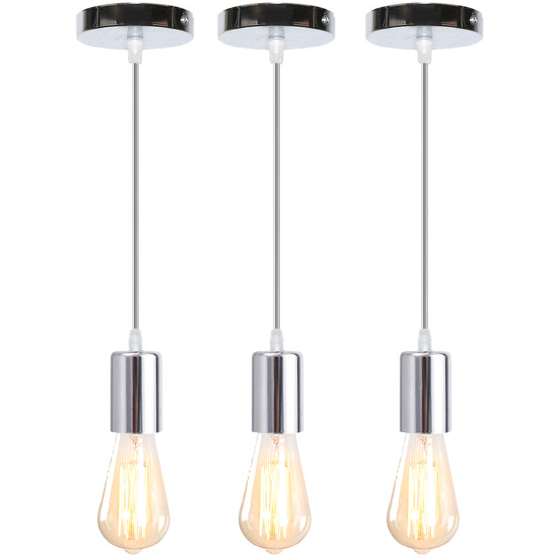 (3PCS) Industrial Pendant Light Single Light Vintage Socket E27 Lamp Holder Pendant Lamp Retro Hanging Light Silver for Cafe Bedroom Office Living