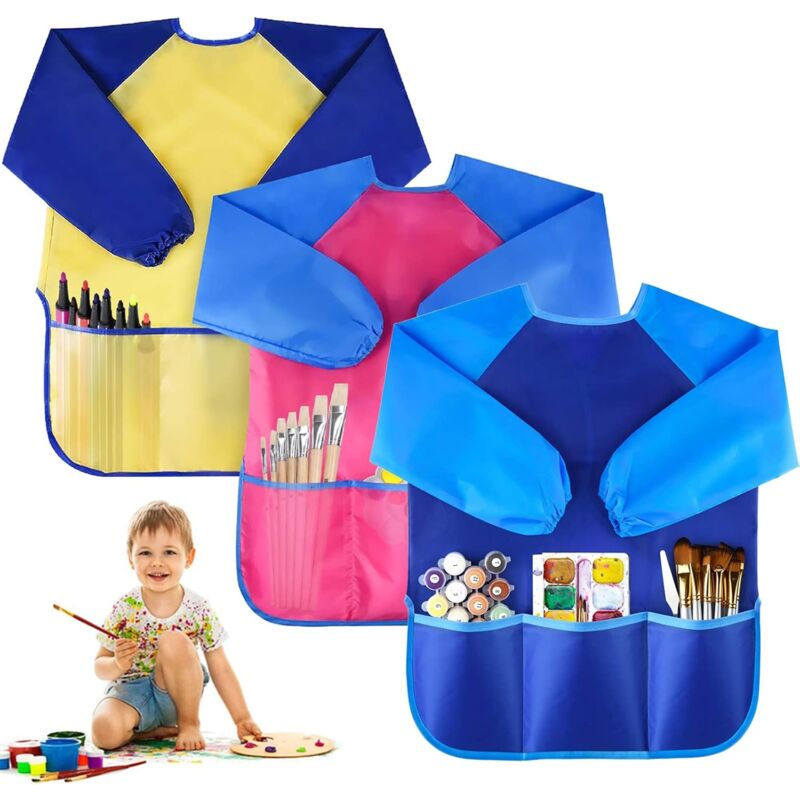 3pcs Kids Painting Smock, Painting Apron, Long Sleeve Waterproof Kids Painting Apron with 3 Pockets for Kids 3-8 Years Old Painting and Cooking