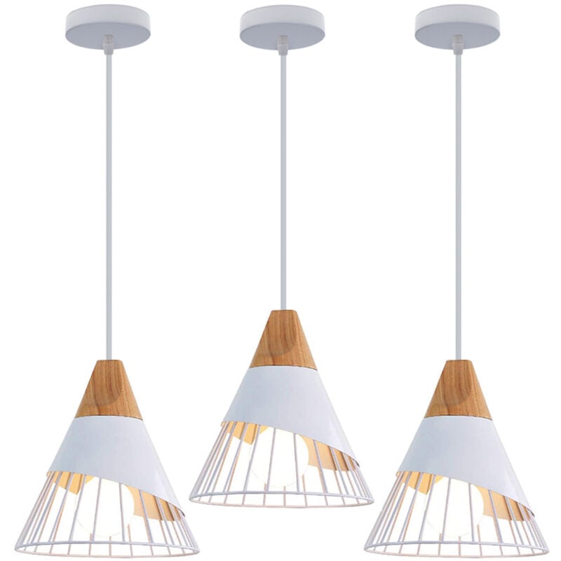 3PCS Lampe à Suspension Rétro Suspension Luminaire E27 En Forme De Cage En Métal Suspension Lustre Vintage Plafonnier D'Intérieur Blanc