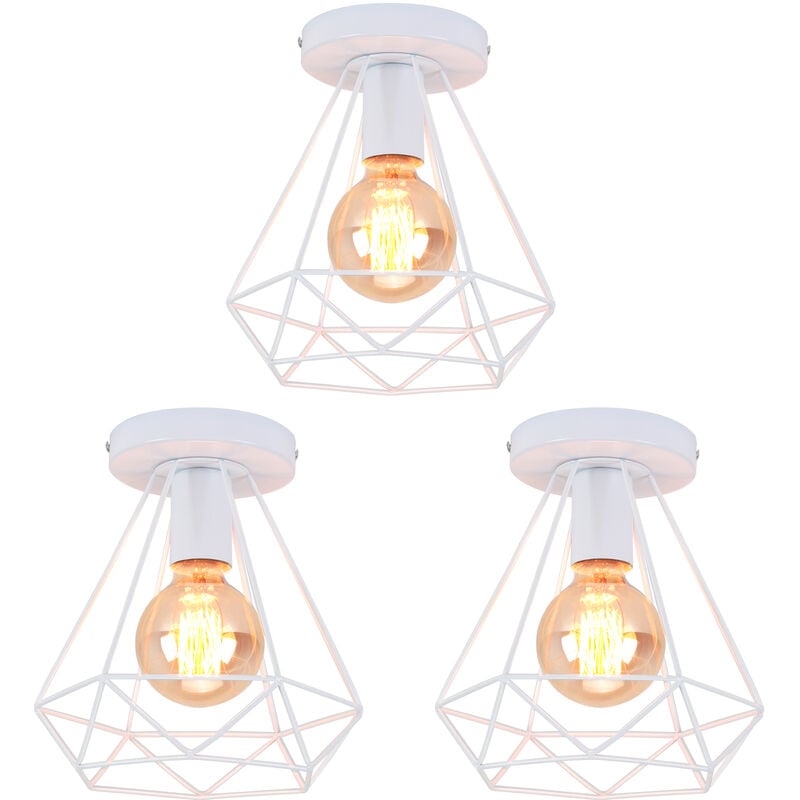3PCS Lampe de Plafond 20cm Diamant Plafonnier Cage en Métal Blanc Luminaire pour Balcon Couloir Entrée
