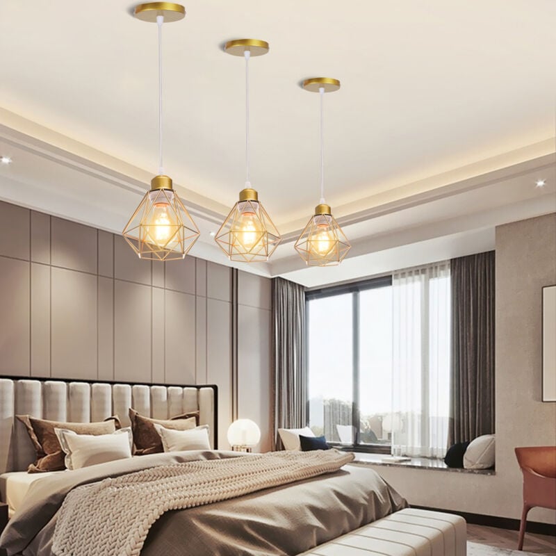 3PCS Lustre Suspension E27 16CM Cage Diamant en Métal Doré Plafonnier Luminaire pour Couloir Escalier Chambre