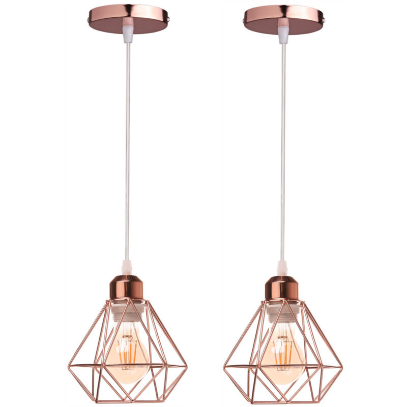 Wottes - E27 Lampe Suspension Vintage Industrielle Luminaire Suspension Cage Éclairage de Plafond en Métal Rose Ø16CM - 2Pcs