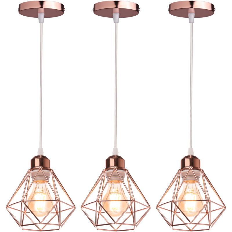Wottes - E27 Lampe Suspension Vintage Industrielle Luminaire Suspension Cage Éclairage de Plafond en Métal Rose Ø16CM - 3Pcs