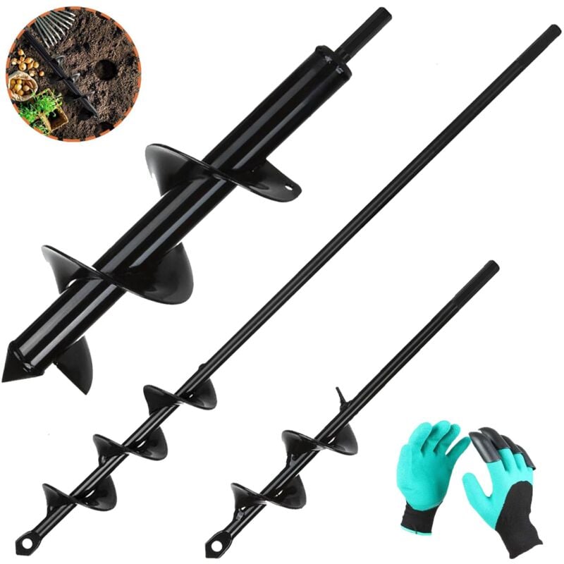 Beijiyi - 3PCS Mèche Jardin Tariere pour Perceuse ø 80mm×300mm+ ø 40mm×420mm+ ø 40mm×220mm Foreuse Jardin en Spirale avec Gants Jardinage