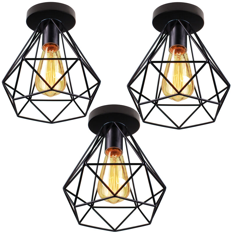 Stoex - 3PCS Metal Cage Chandelier Retro Diamond Ceiling Lamp Industrial Ceiling Light for Dining Cafe Bedroom Office E27 Black