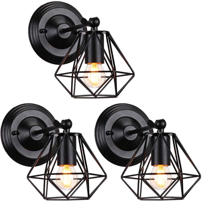 Stoex - 3PCS Metal Iron Cage Wall Light Industrial Wall Lamp Antique Wall Light Retro Wall Sconce Black for Bedroom Cafe Office