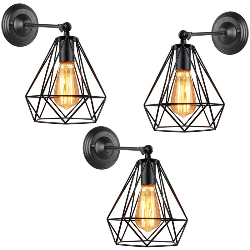 Stoex - 3PCS Metal Iron Cage Wall Light Black Retro Creative Wall Lamp Industrial Wall Sconce for Indoor Barn Restaurant Bedroom