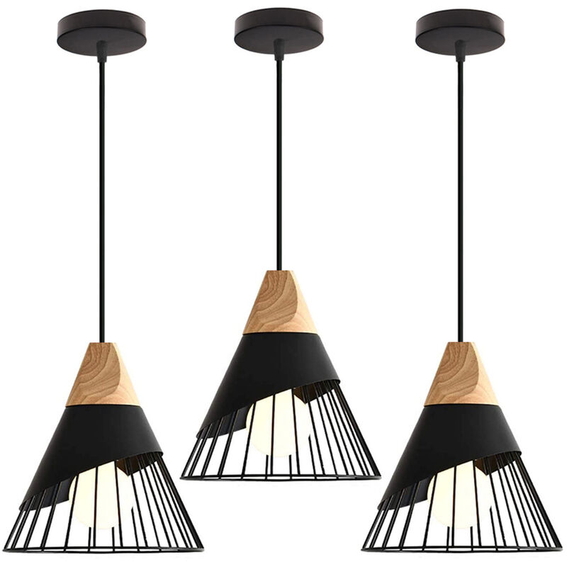 Axhup - 3pcs Modern Pendant Light in Badminton Shape, Wooden Hanging Ceiling Lamp, E27 Chandelier with Metal Cage for for Kitchen Island Dining Room