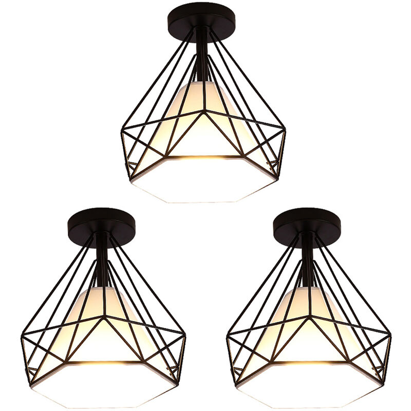 3pcs Ceiling Light Ø25cm Diamond, Vintage Industrial Metal Ceiling Lamp, Chandelier with Lampshade for Living Room Hallway (Black)