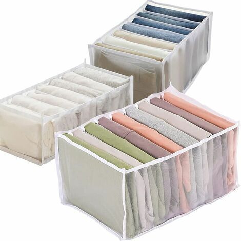 3PCS Organisateur de tiroir, Boîte de Rangement en Filet Pliable, Organisateur de Jeans à 7 Compartiments, Diviseur de Tiroir de Legging à 7 Grilles, Organisateur de T-shirt à 9 Compartiments - Blanc