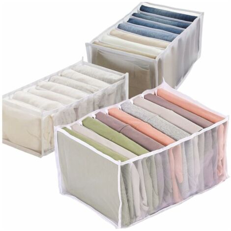 3PCS Organisateur de tiroir, Boîte de Rangement en Filet Pliable, Organisateur de Jeans à 7 Compartiments, Organisateur de T-shirt à 9 Compartiments