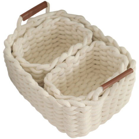 3Pcs Panier de Rangement en Corde de Coton,Boîte de Rangement,Organiseur de Placard pour Bureau,Salle de Bain,Chambre de bébé(Blanc)