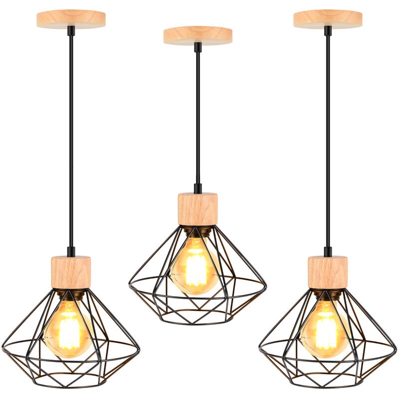 3PCS Pendentif Rétro Vintage Lustre Suspension Industrielle Cage en Métal et Bois Noir