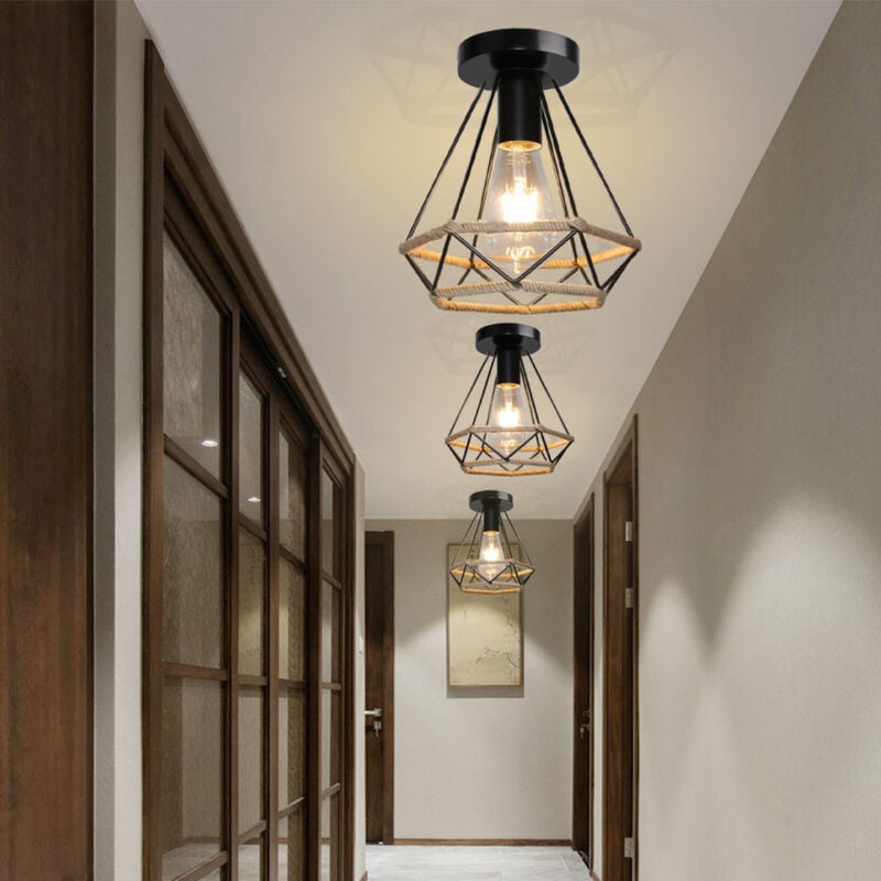 3PCS Plafonnier en Métal et Corde de Chanvre Cage Diamant E27 Rétro Industrielle Lustre Suspension pour Couloir Escalier Chambre Noir