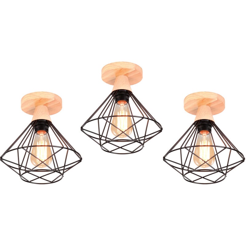 3PCS Plafonnier Industriel en Métal et Bois Design Rétro Luminaire pour Escalier Couloir Entrée Noir