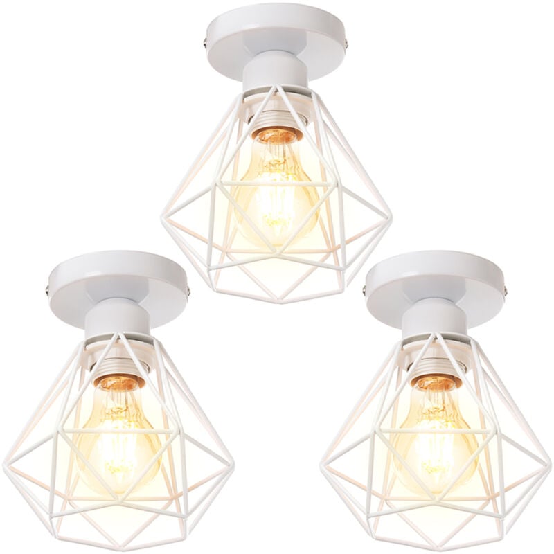 3PCS Plafonnier Rétro Blanc Lampe De Plafond E27 Cage En Métal Luminaire Plafonnier Vintage D'Intérieur