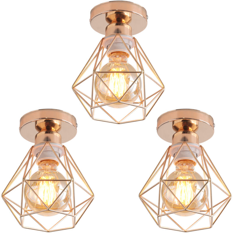 3PCS Plafonnier Rétro Lampe De Plafond Cage En Métal Or Luminaire Plafonnier Vintage D'Intérieur E27
