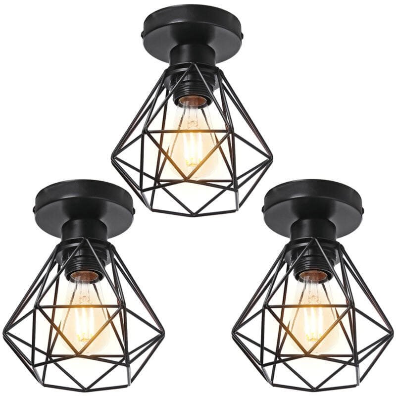 Norcks - 3PCS Plafonnier Rétro Noir Lampe De Plafond E27 Cage En Métal Luminaire Plafonnier Vintage D'Intérieur