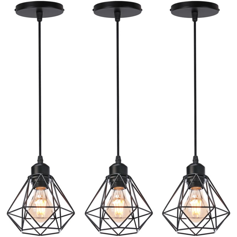 Norcks - 3PCS Plafonnier Rétro Noir Suspension Luminaire Vintage D'Intérieur Suspension Lustre E27 Cage En Métal