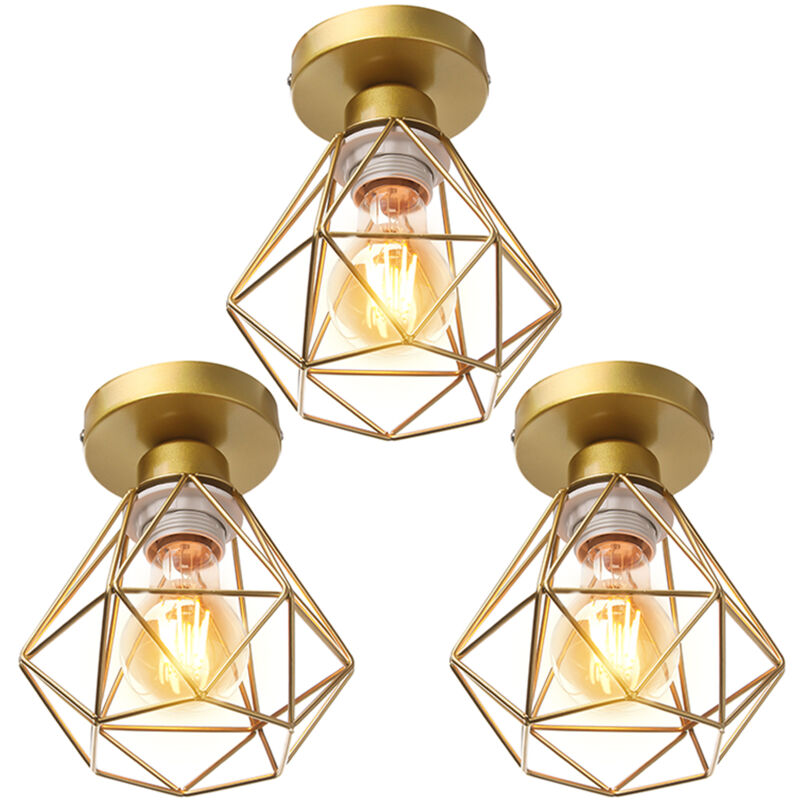 3PCS Plafonnier Rétro Or Lampe De Plafond E27 Cage En Métal Luminaire Plafonnier Vintage D'Intérieur