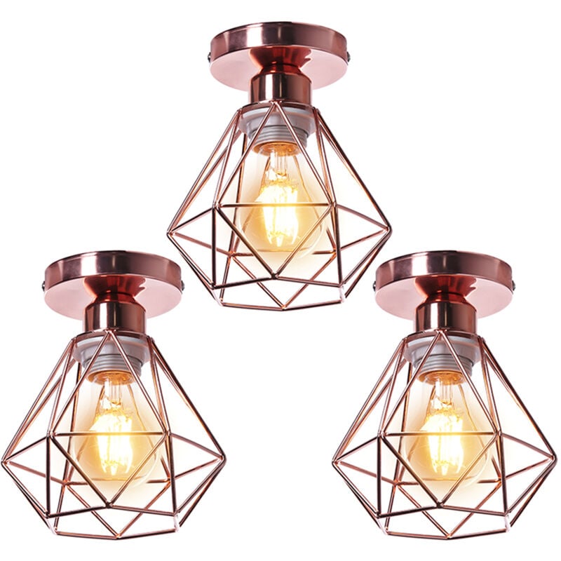 3PCS Plafonnier Rétro Or Rose Lampe De Plafond E27 Cage En Métal Luminaire Plafonnier Vintage D'Intérieur