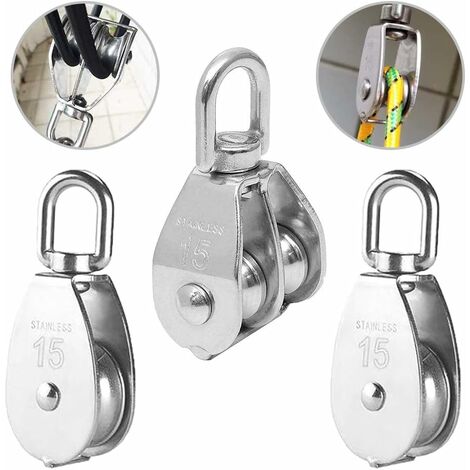 3PCS Poulie Double inox pivotant Double poulie,Poulie de Levage Rouleau de Chargement,Poulie en Acier Inox,Poulie Simple Bloc,Poulie Simple en Acier Inoxydable,Poulie de levage M15