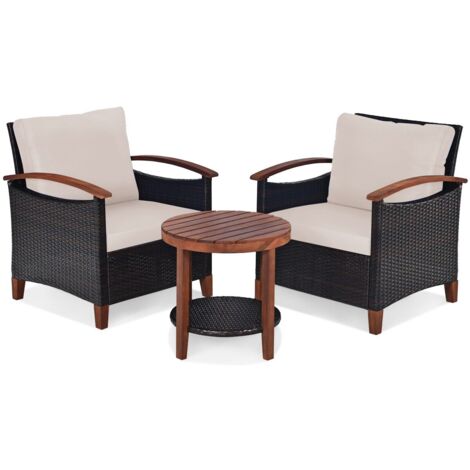 3pcs Rattan Chair Set Patio Conversation Sofa Set w/ Wooden Coffee Table