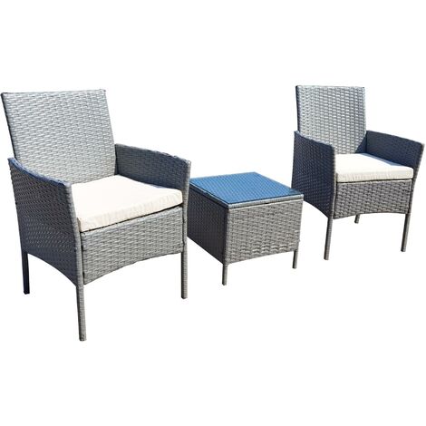 3pcs Rattan Outdoor Garden Furniture Sofa Set Table & Chairs Rome GREY