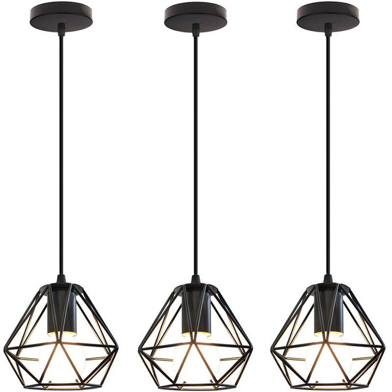 3pcs Vintage Pendant Lighting Fixture, Industrial Ø16cm Mini Diamond Shape Metal Hanging Ceiling Lamp, Chandelier with Black Cage Lampshade for