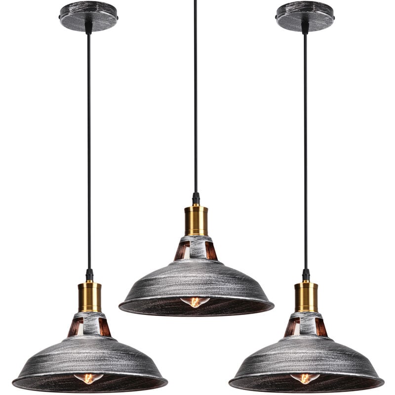 3pcs Rétro Lustre Suspension E27 27cm Luminaire Style Industrielle pour Salon Couloir Cuisine Argent Gris