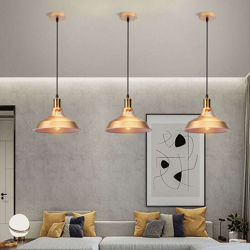 3pcs Rétro Lustre Suspension E27 27cm Luminaire Style Industrielle pour Salon Couloir Cuisine Doré et Blanc
