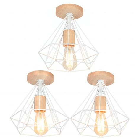3PCS Rétro Plafonnier Industrielle E27 25cm Lampe Plafonnier en Métal et Bois Blanc