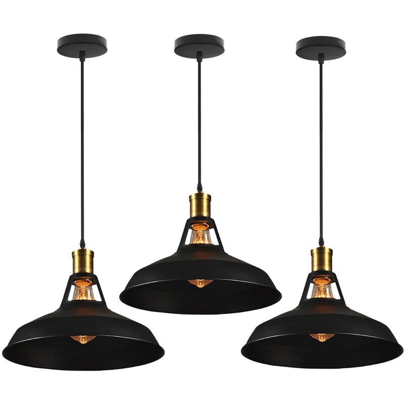 3pcs Rétro Lustre Suspension E27 27cm Luminaire Style Industrielle pour Salon Couloir Cuisine Noir