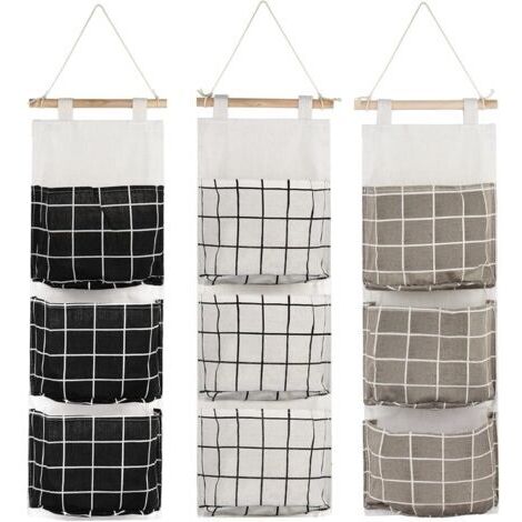3Pcs Sac de Rangement Suspendu avec 3 Poches Étagère Mural en Tissu Panier Pochette de Rangement Organisateur pour Chambre Salle de Bain Cuisine - Étanche & Élégant (Noir/Gris/Blanc)