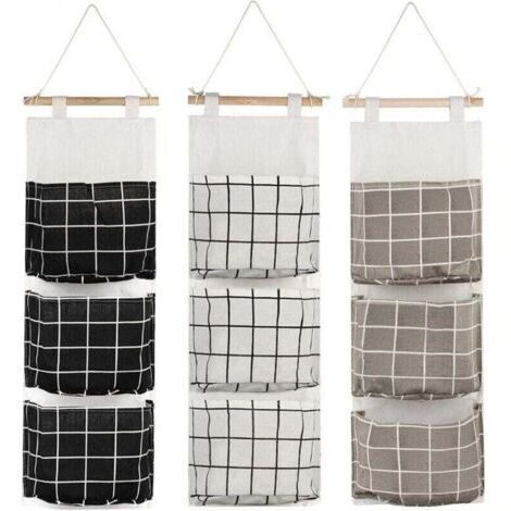 3Pcs Sac de Rangement Suspendu avec 3 Poches, Étagère Mural en Tissu Panier Pochette de Rangement Organisateur pour Chambre Salle de Bain Cuisine - Étanche & Élégant (Noir/Gris/Blanc)