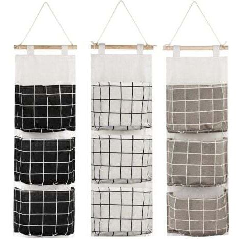 3Pcs Sac de Rangement Suspendu avec 3 Poches(Noir/Gris/Blanc), Étagère Mural en Tissu Panier Pochette de Rangement Organisateur pour Chambre Salle de Bain Cuisine - Étanche & Élégant
